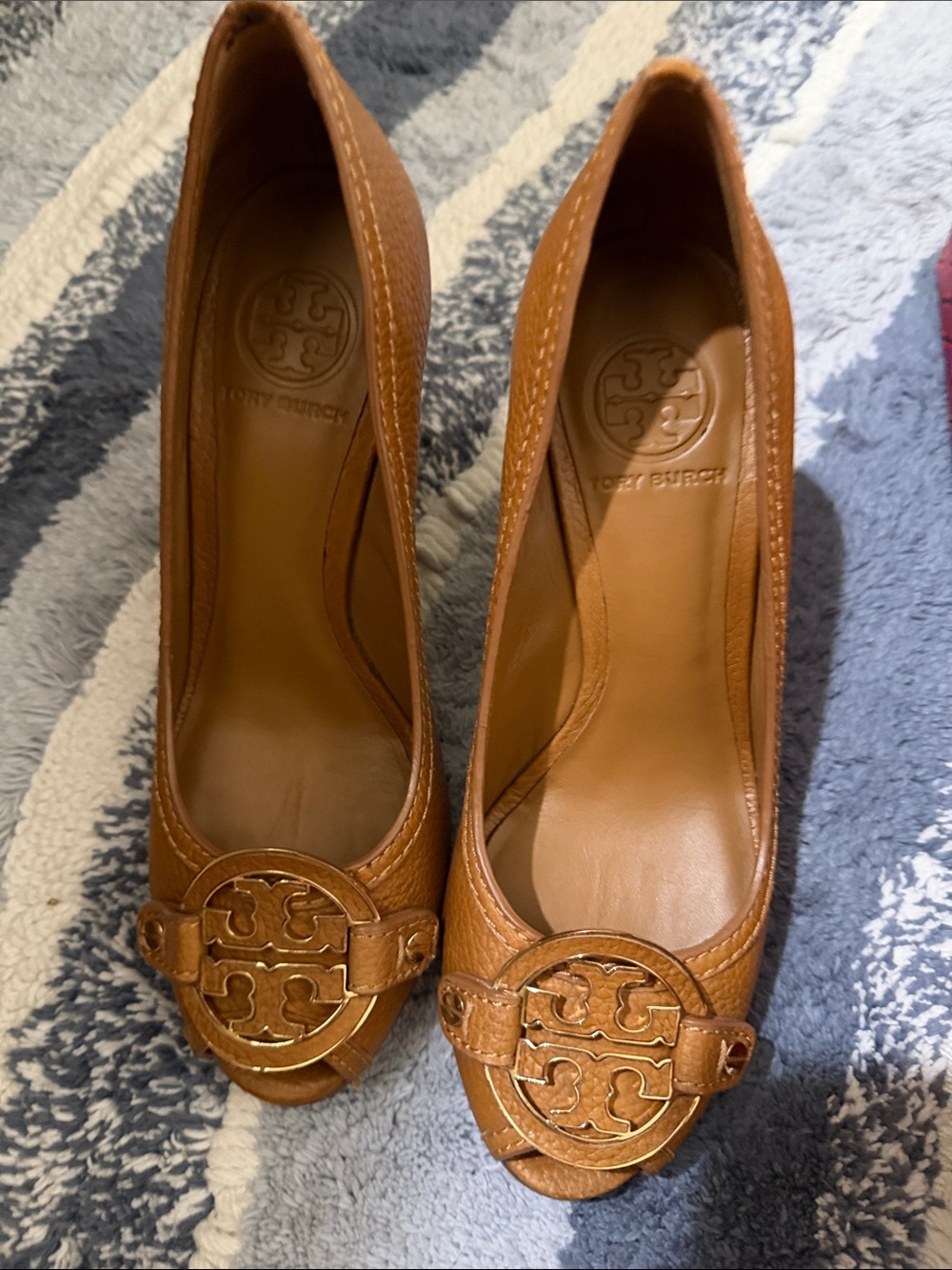 Tory Burch Leticia Brown Leather Logo Peep-Toe Heels